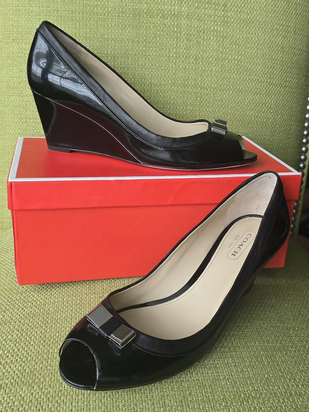 Coach Black Patent Leather Peep-Toe Wedge Pumps with Bow Accent - Picture 4 of 13